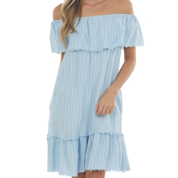 Umgee Power Blue Pinstripe Frayed Ruffle Dress Mino Boho Chic Nautical M - Picture 3 of 11